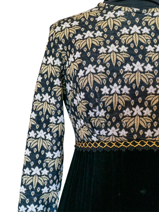 Velvet Eclipse: 1970s Noir Floral Maxi Dress