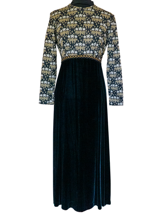 Velvet Eclipse: 1970s Noir Floral Maxi Dress