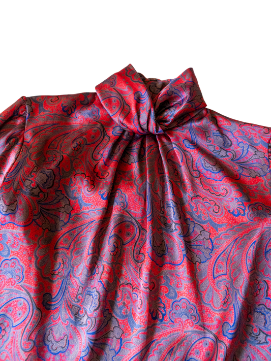 Crimson Crescendo: 1980s Paisley Drama Blouse