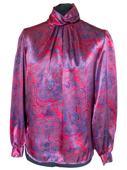 Crimson Crescendo: 1980s Paisley Drama Blouse