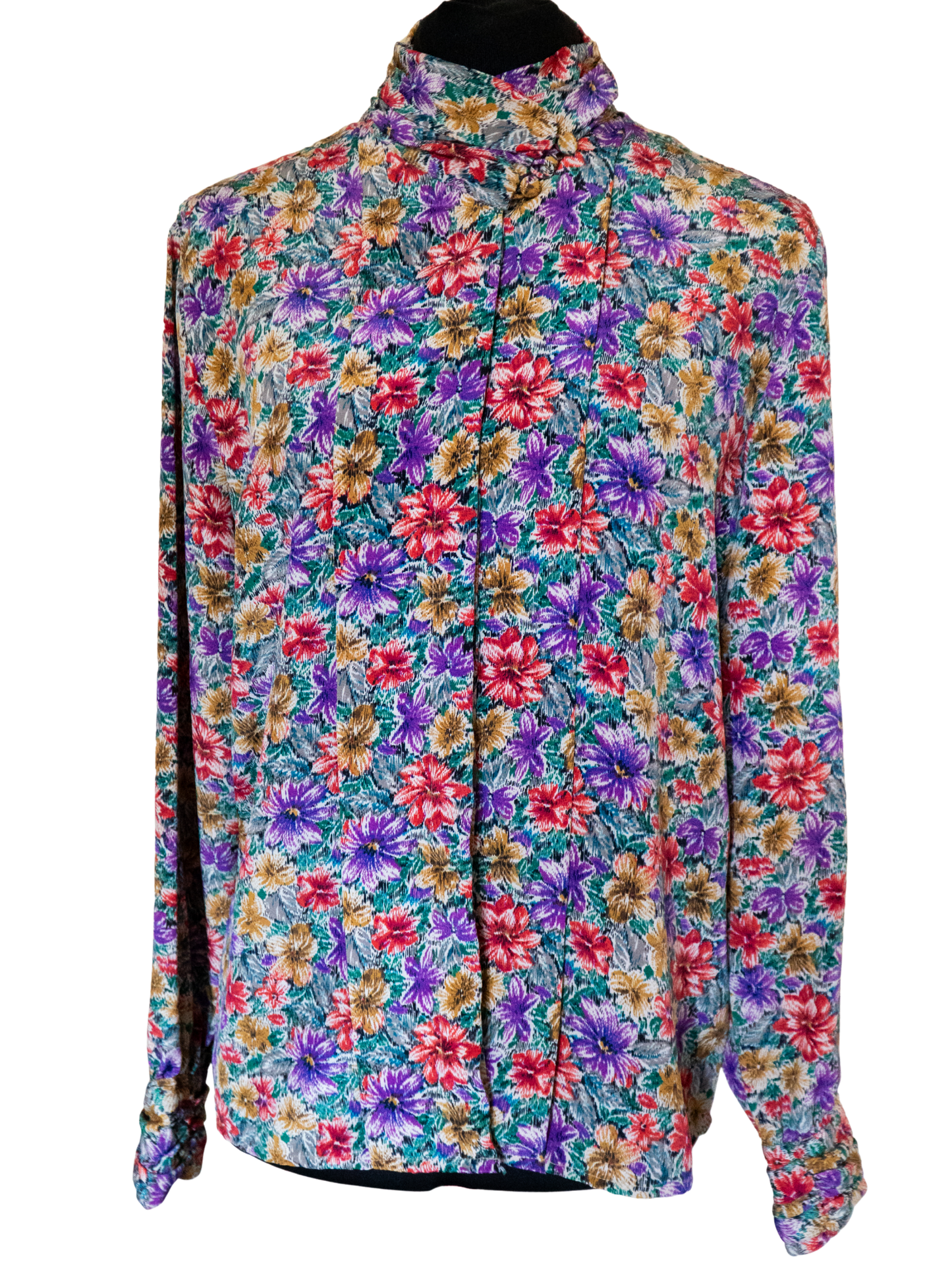 Violet Voltage: 1980s Silky Floral Drama Blouse