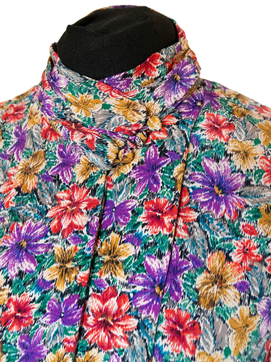 Violet Voltage: 1980s Silky Floral Drama Blouse