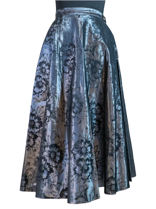 Silver Vixen: 1940s–1950s Lamé Jacquard Circle Skirt with Flocked Velvet