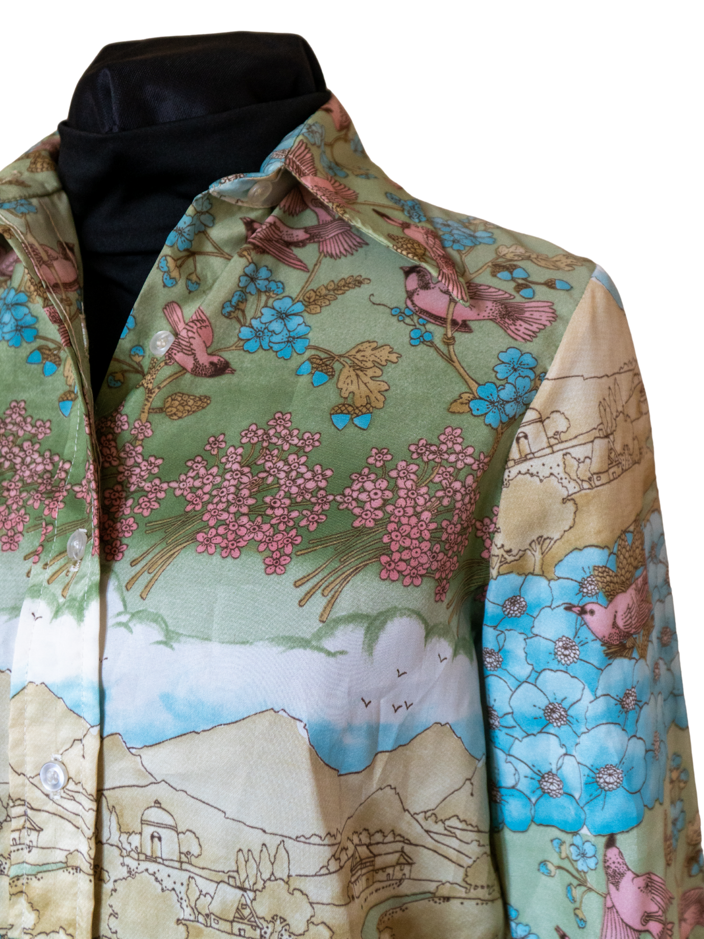 Pastoral Melody: 1970s Scenic Print Button-Down