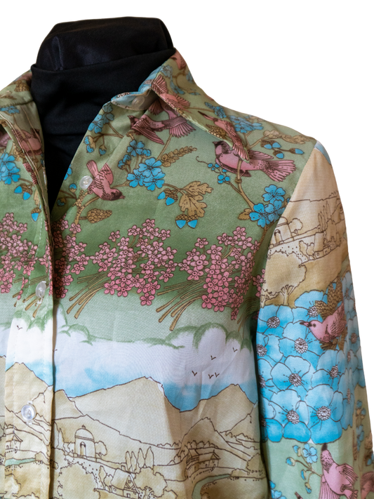 Pastoral Melody: 1970s Scenic Print Button-Down