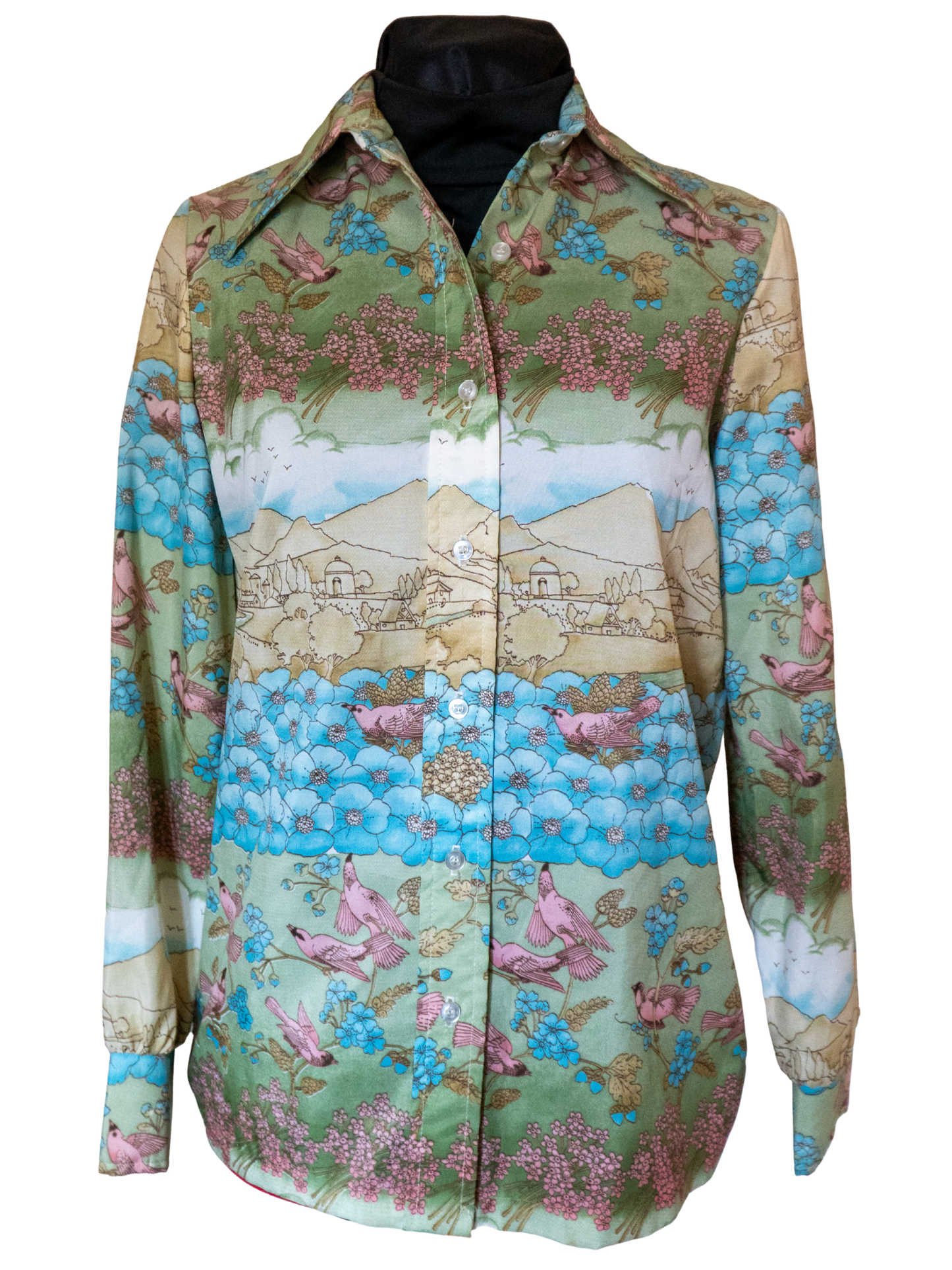 Pastoral Melody: 1970s Scenic Print Button-Down