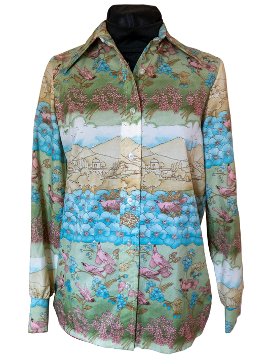 Pastoral Melody: 1970s Scenic Print Button-Down