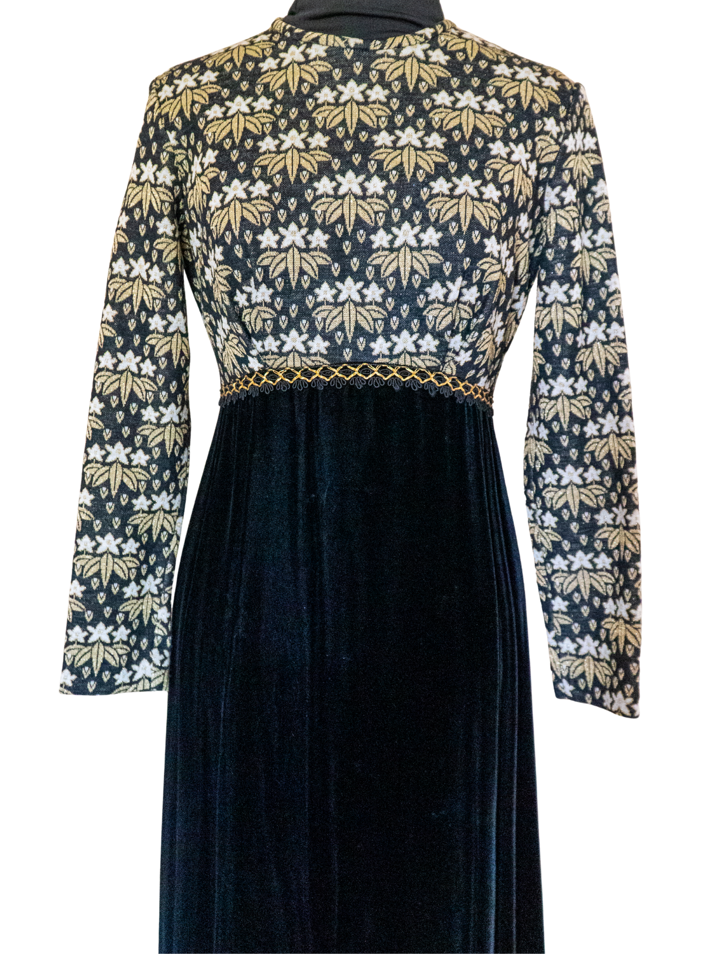 Velvet Eclipse: 1970s Noir Floral Maxi Dress