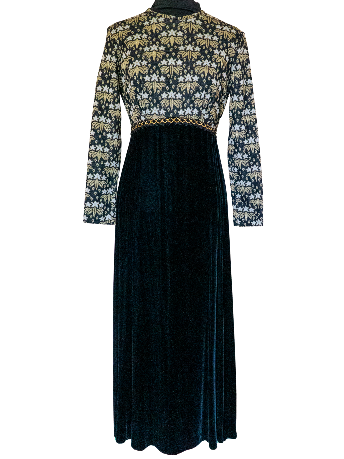 Velvet Eclipse: 1970s Noir Floral Maxi Dress