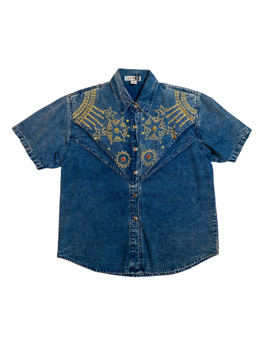 Stargazer Rodeo: Embroidered Denim Western Shirt