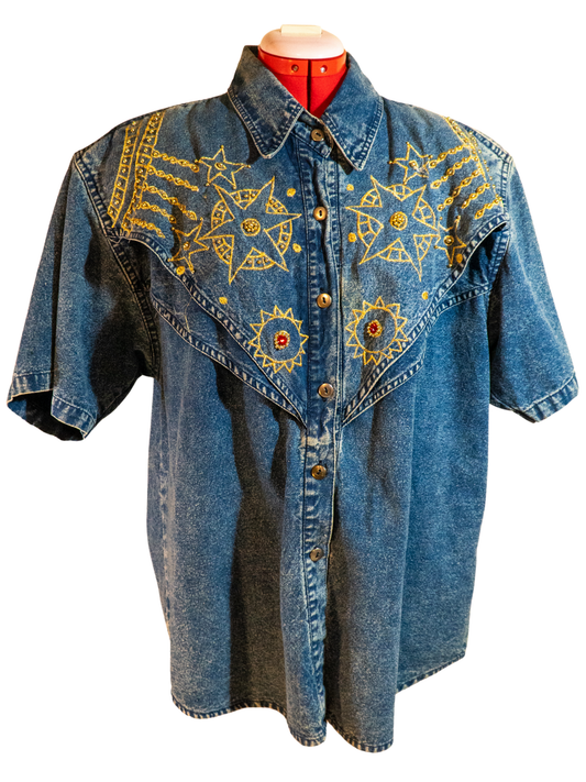 Stargazer Rodeo: Embroidered Denim Western Shirt