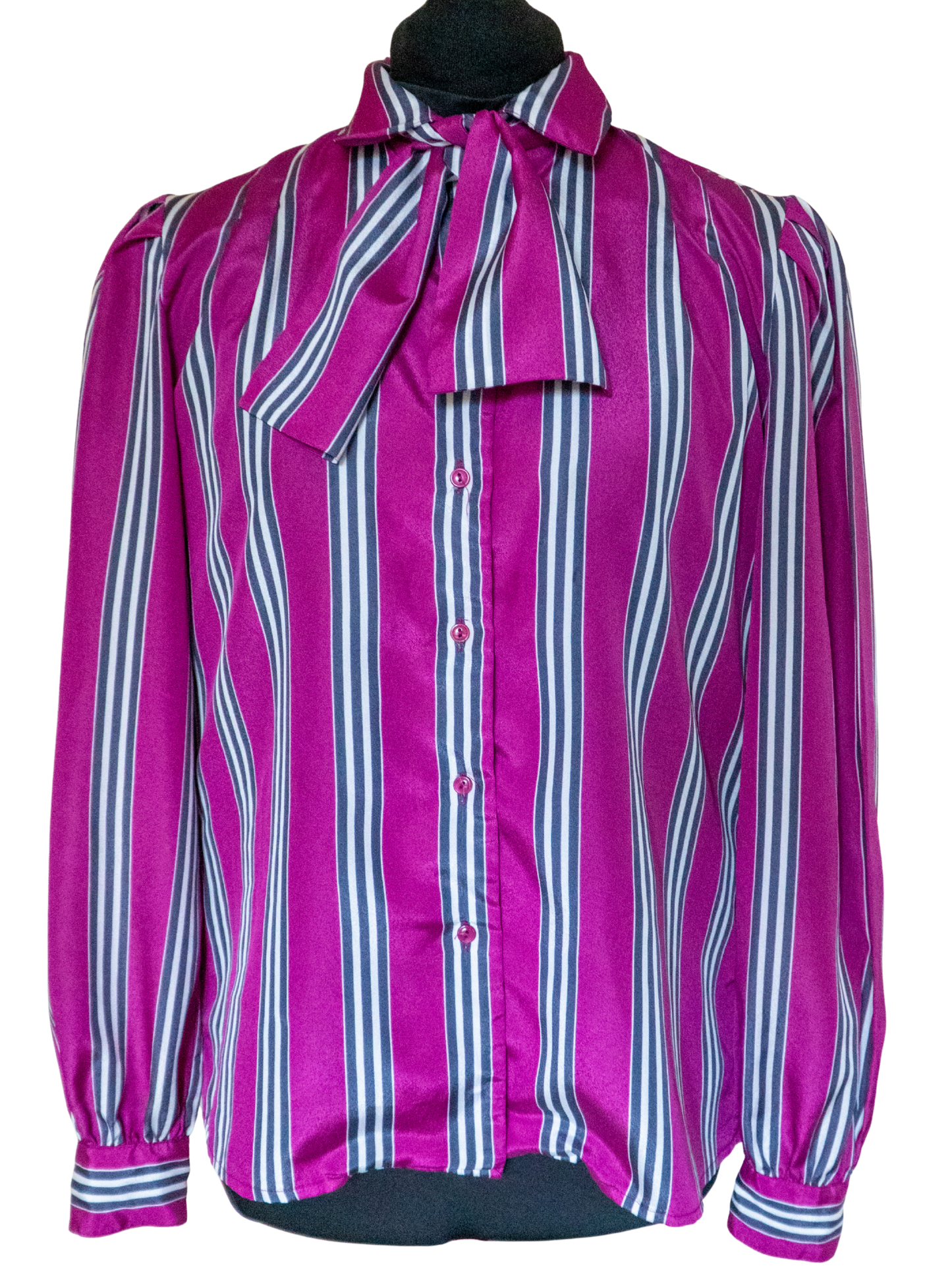 Midnight Stripes: 1980s Magenta & Black Pussybow Blouse