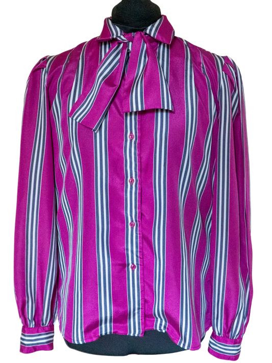 Midnight Stripes: 1980s Magenta & Black Pussybow Blouse