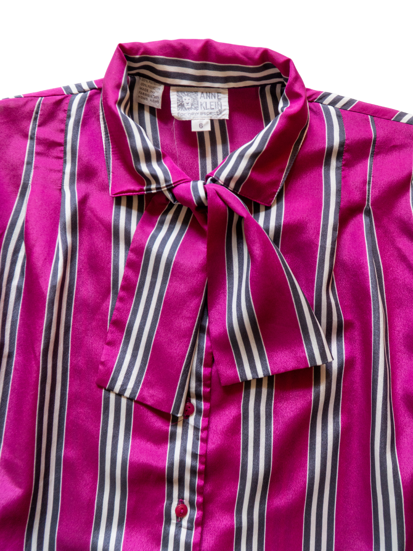Midnight Stripes: 1980s Magenta & Black Pussybow Blouse