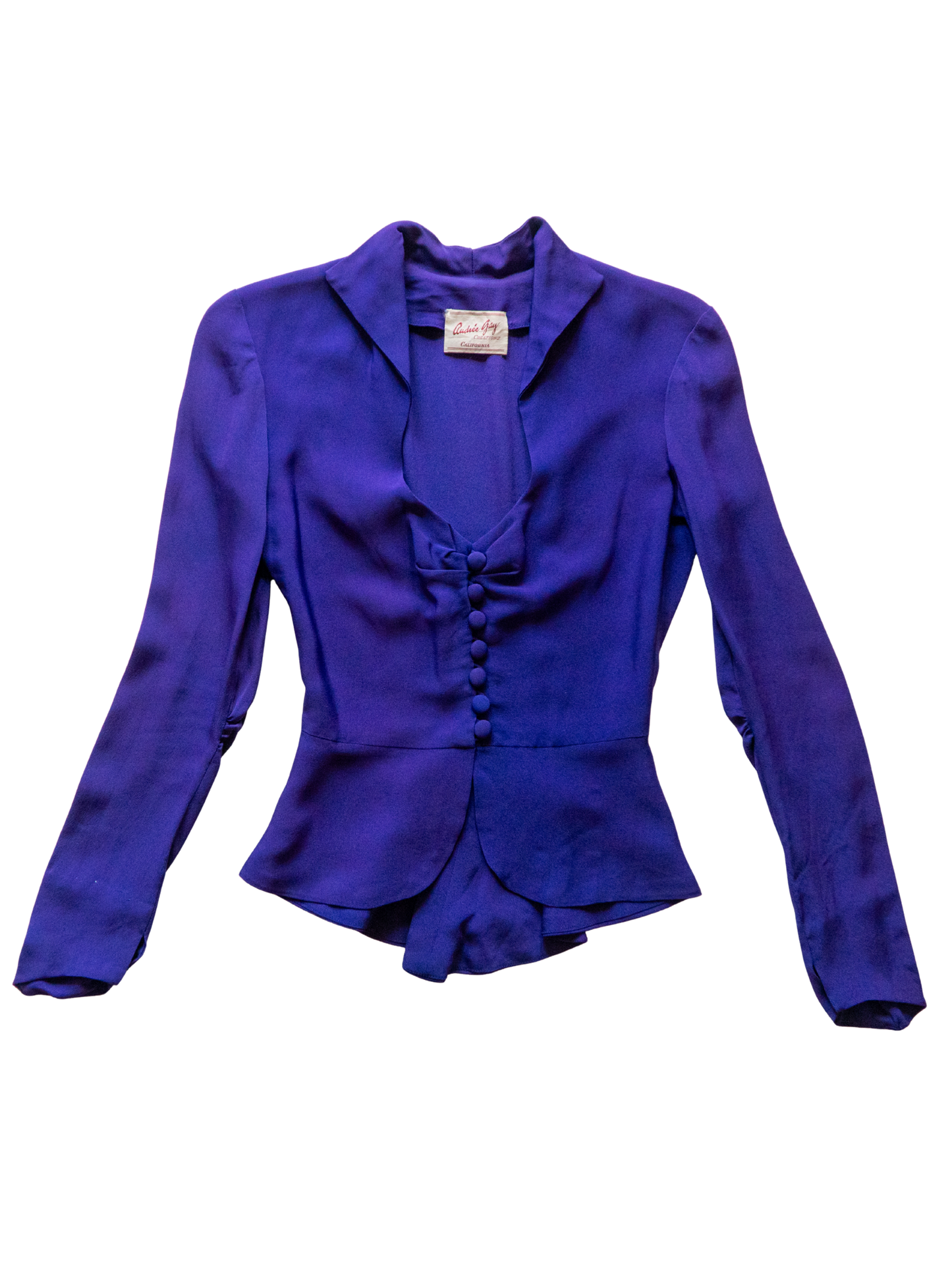Electric Amethyst: 1980s Peplum Drama Blouse
