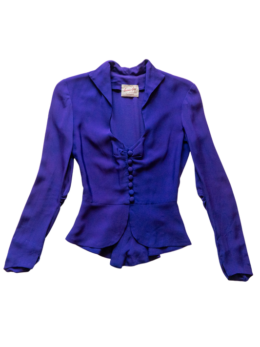 Electric Amethyst: 1980s Peplum Drama Blouse