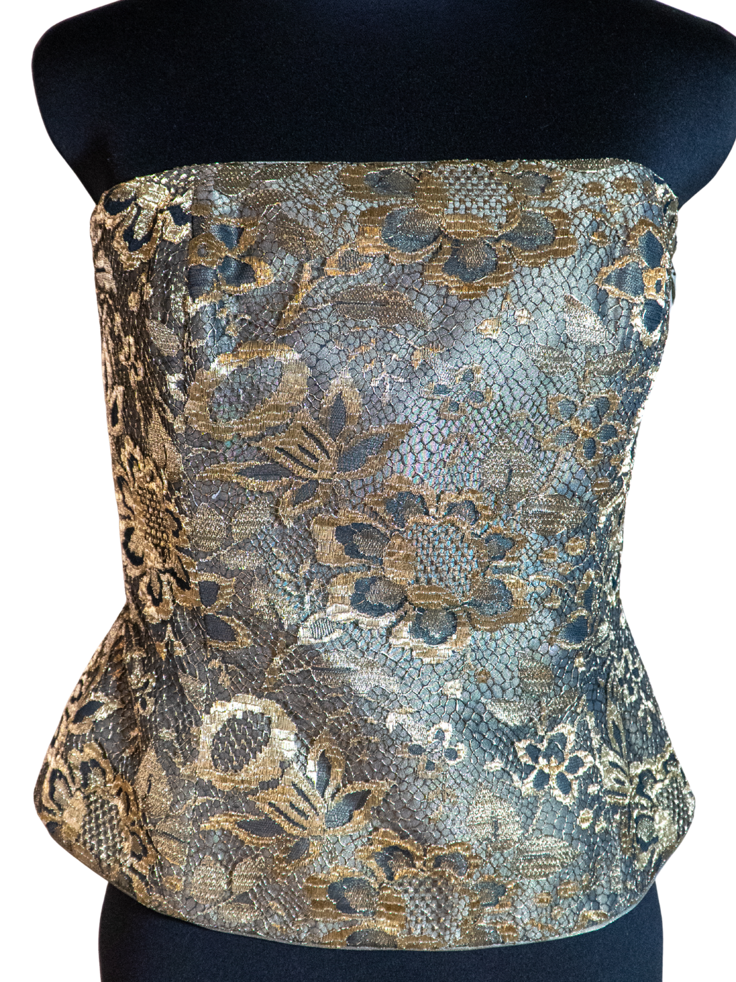 Gilded Grace: Strapless Metallic Lace Bustier by Escada