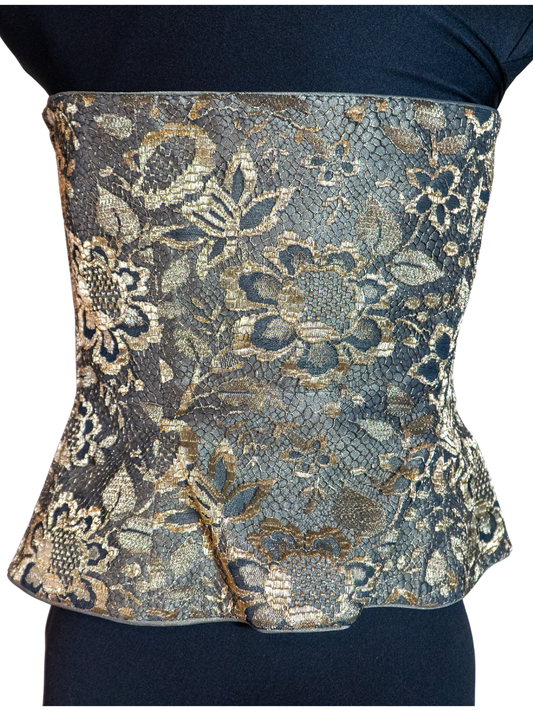 Gilded Grace: Strapless Metallic Lace Bustier by Escada