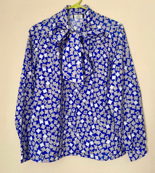 VINTAGE ROYAL BLUE ABSTRACT KITE PATTERN BLOUSE