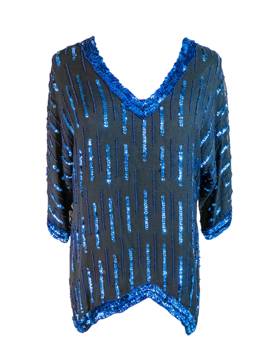 Blue Hour: Beaded Silk Sequin Top by Oleg Cassini