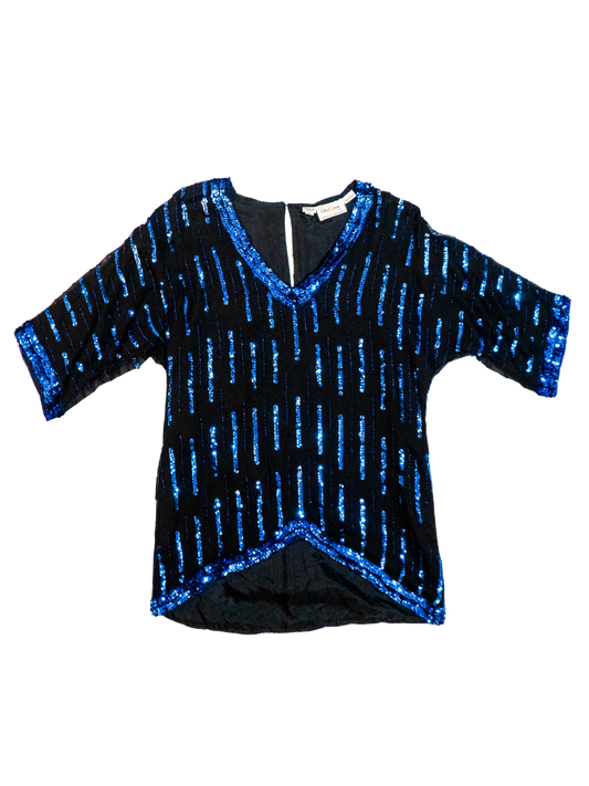 Blue Hour: Beaded Silk Sequin Top by Oleg Cassini
