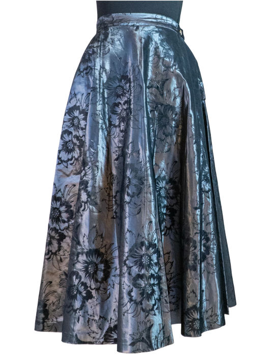 Silver Vixen: 1940s–1950s Lamé Jacquard Circle Skirt with Flocked Velvet