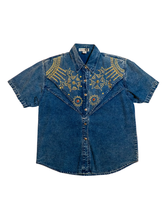 Stargazer Rodeo: Embroidered Denim Western Shirt