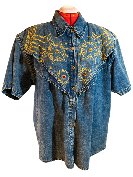 Stargazer Rodeo: Embroidered Denim Western Shirt