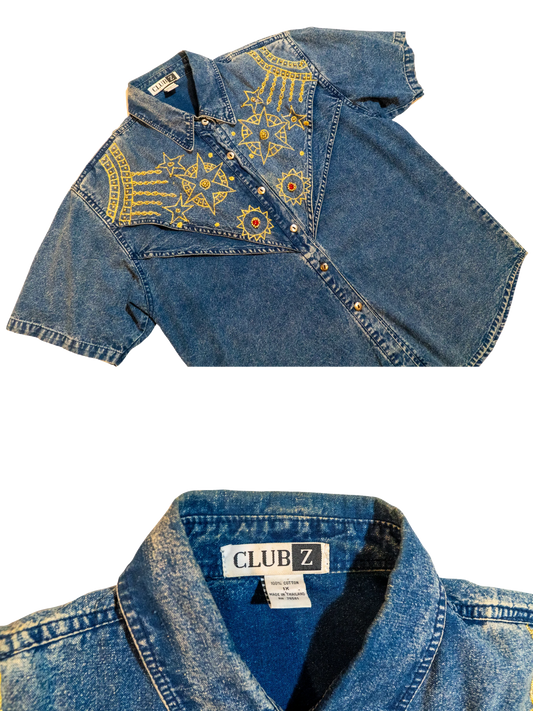 Stargazer Rodeo: Embroidered Denim Western Shirt