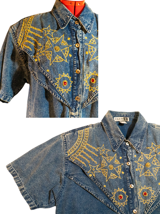 Stargazer Rodeo: Embroidered Denim Western Shirt